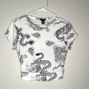 White Dragon Print Crop Top